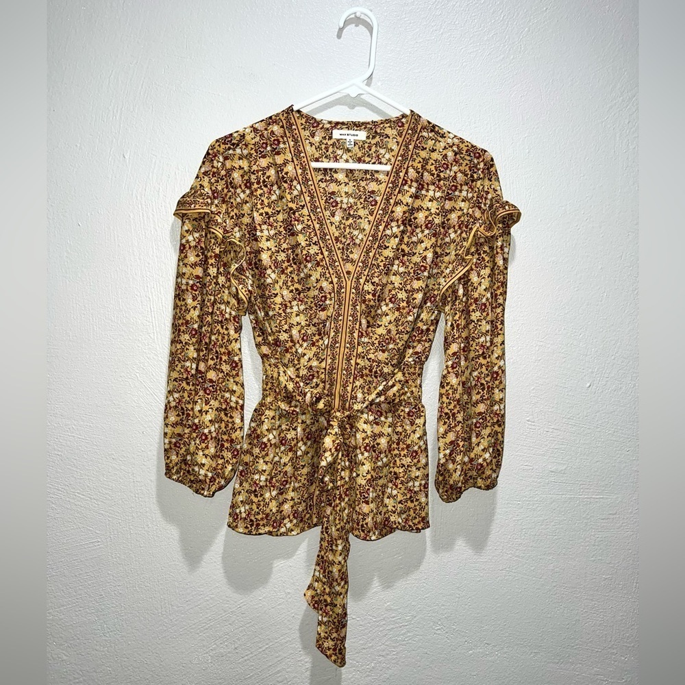 Max Studio Yellow Floral Bell Sleeve Tie Waist Boho Top